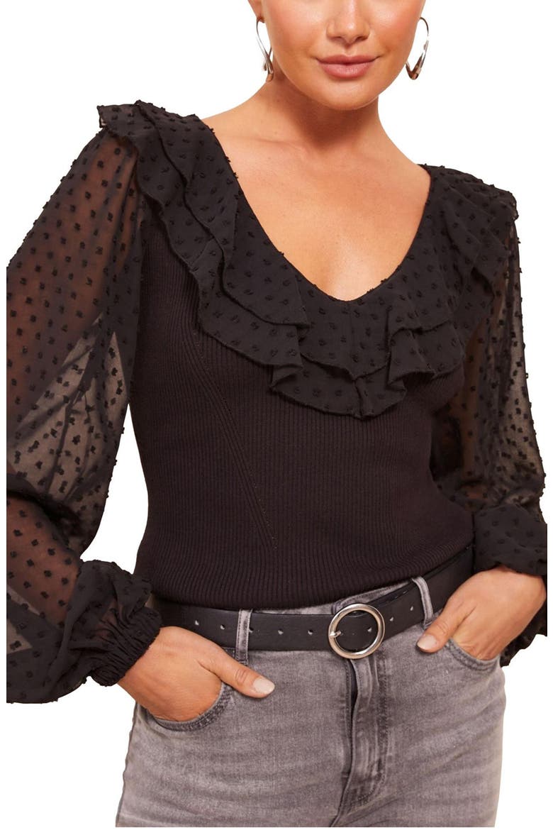 Dobby Balloon Sleeve Rib Top, Main, color, BLACK