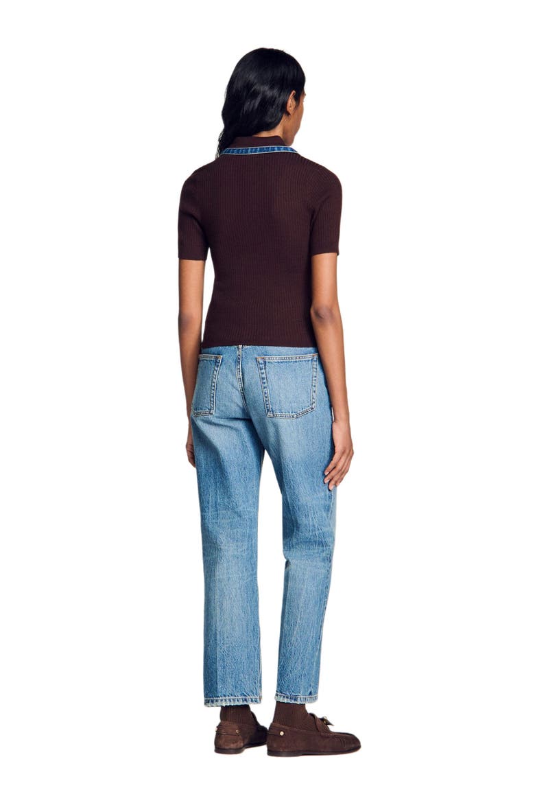 Knit polo sweater with denim collar, Alternate, color, Brown