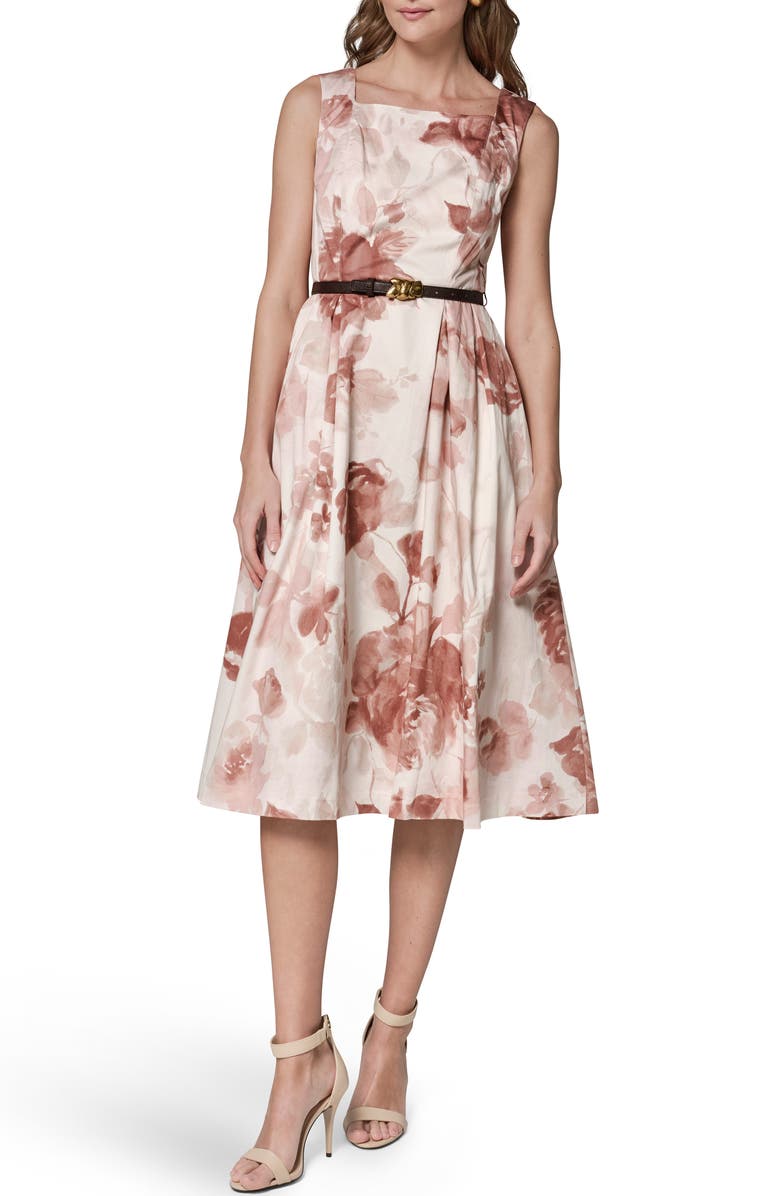 Donna Karan New York Floral Belted Stretch Cotton Dress, Main, color, Snow Petal Multi