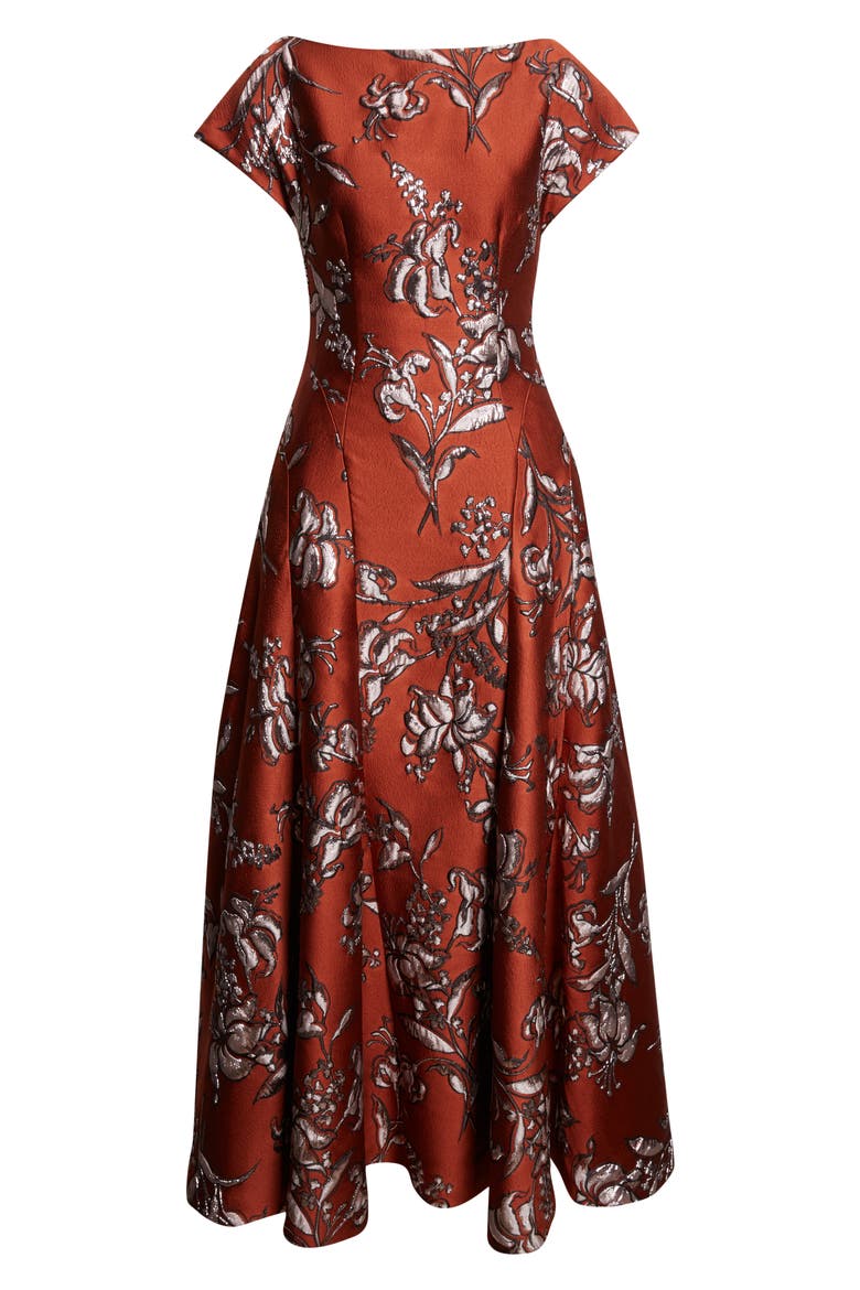Metallic Floral Brocade A-Line Gown, Alternate, color, BRICK