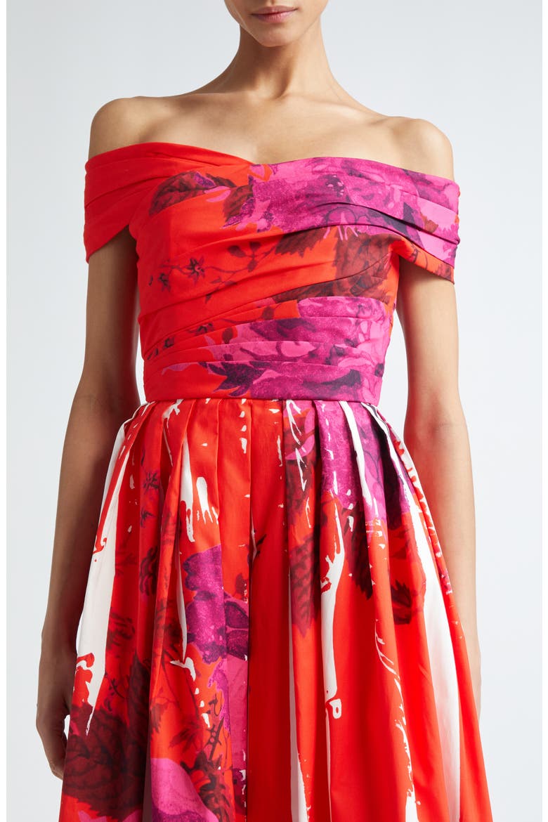 Rose Poppy Print Off the Shoulder Midi Cocktail Dress, Alternate, color, ROSE POPPY