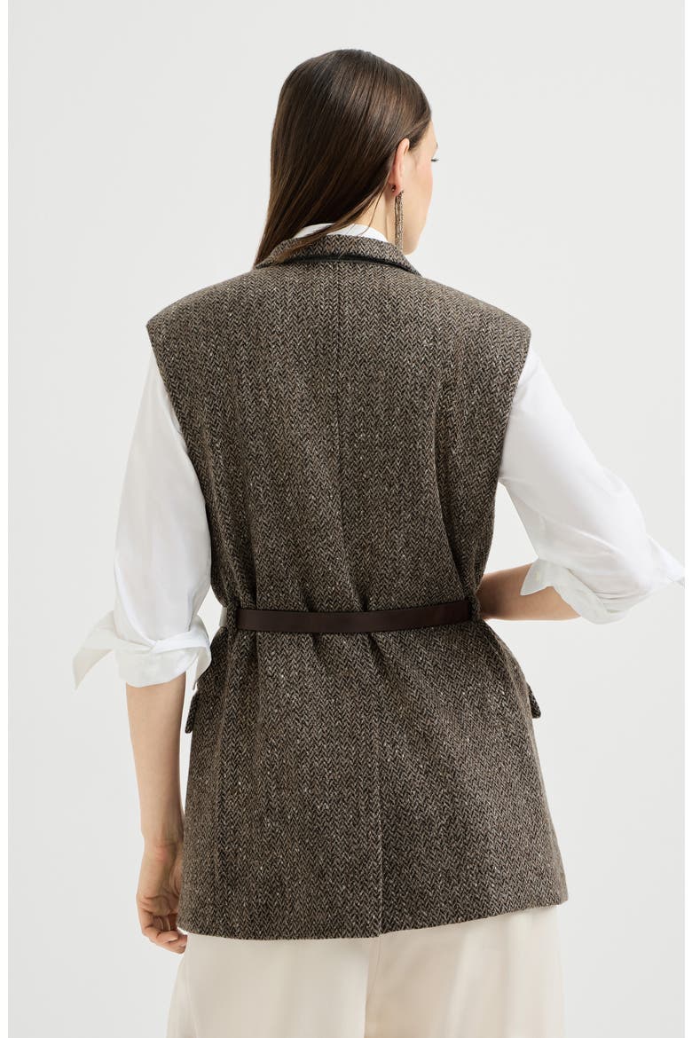 Sparkling virgin wool chevron vest with leather belt and monili, Alternate, color, Pine Cone Brown