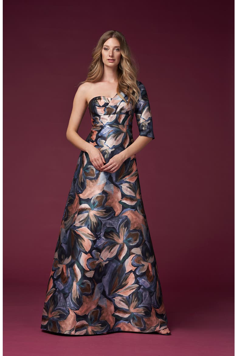 Mia One-Shoulder Jacquard A-Line Gown, Alternate, color, TERRA COTTA/ TEAL FLORAL PRINT