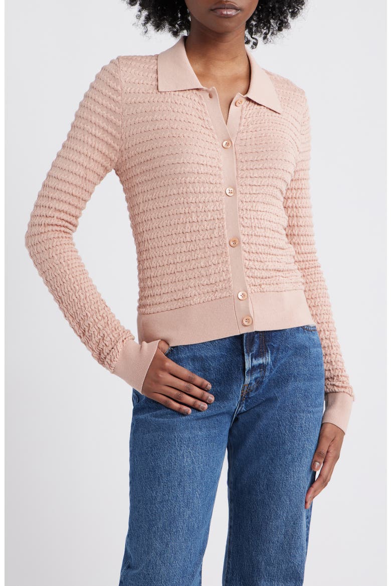 The Smocked Silk & Cotton Cardigan, Main, color, LIGHT PINK