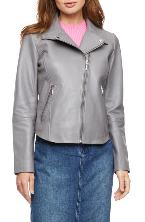 Ladies grey leather jacket on sale