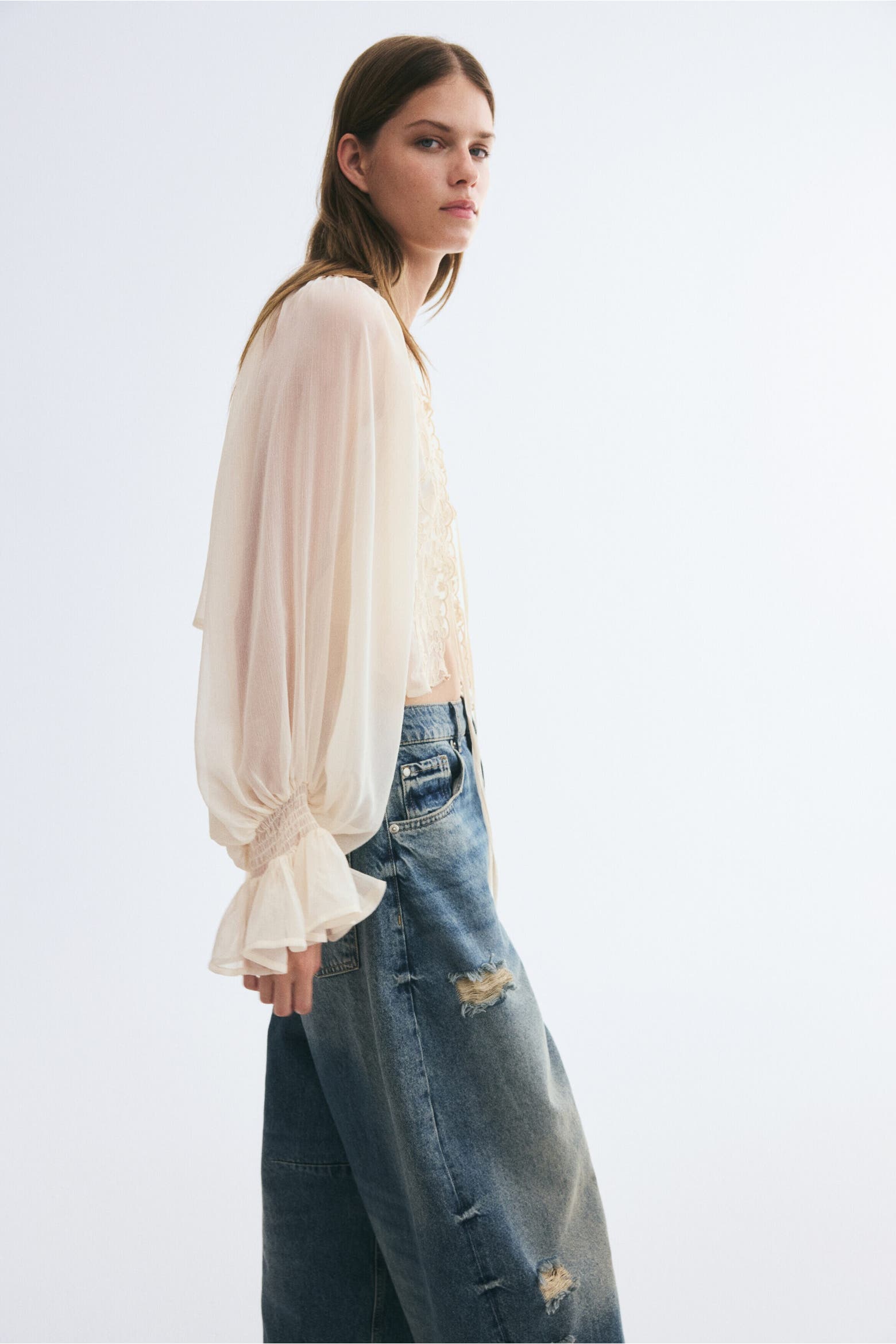 Lace Balloo Color H&M Lace-Trimmed Balloon-Sleeved Blouse (Women) | Nordstrom