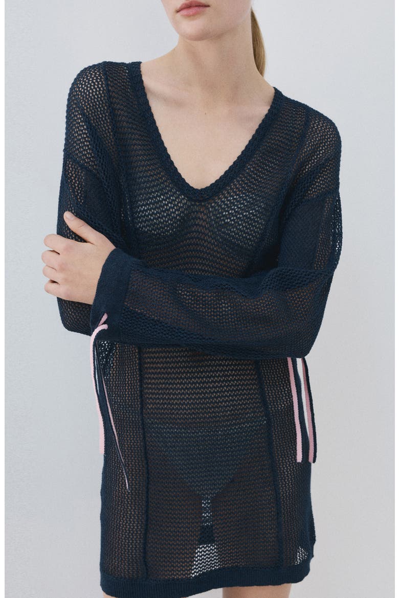 Open Knit Long Sleeve Minidress, Alternate, color, NAVY