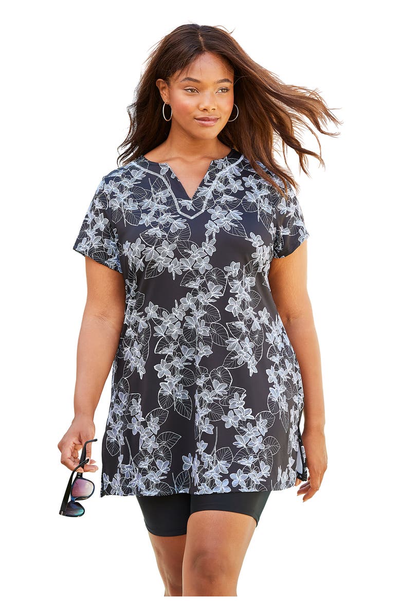 Swim 365 Longer Length Short-Sleeve Swim Tunic, Main, color, Black White Stencil Floral
