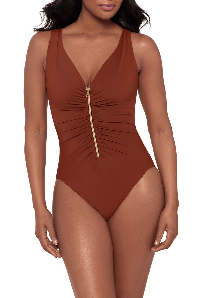 Razzle Dazzle Zip-Up One-Piece Swimsuit, Main, color, COPPER BROWN