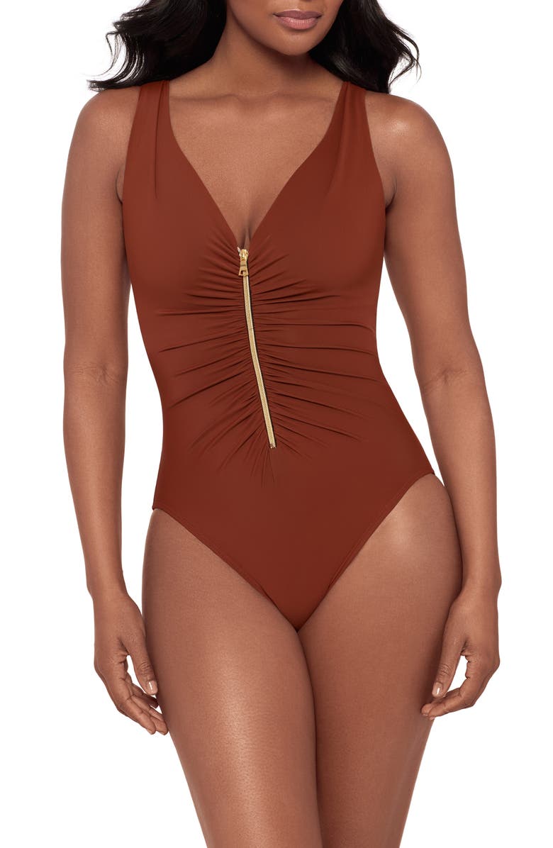 Miraclesuit<sup>®</sup> Razzle Dazzle Zip-Up One-Piece Swimsuit, Main, color, Copper Brown