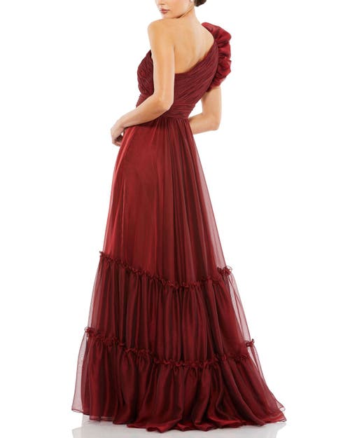 Mac Duggal Ruffled One Shoulder Tiered Chiffon Gown In Wine