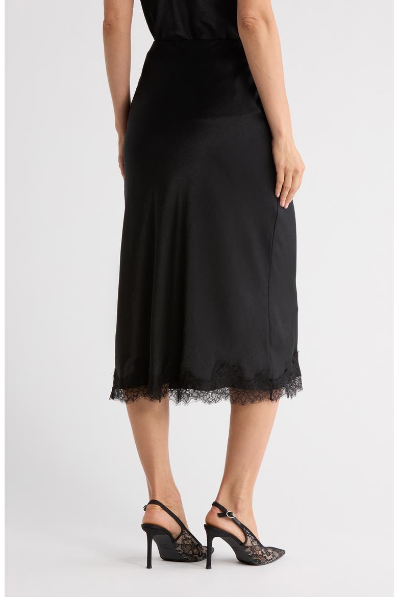Lace Trim Satin Midi Skirt, Alternate, color, BLACK