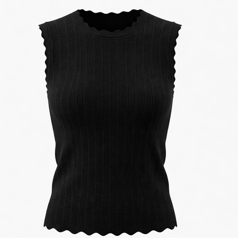 Crepe Knit Scalloped Rib Trim Textured Sleeveless Vest