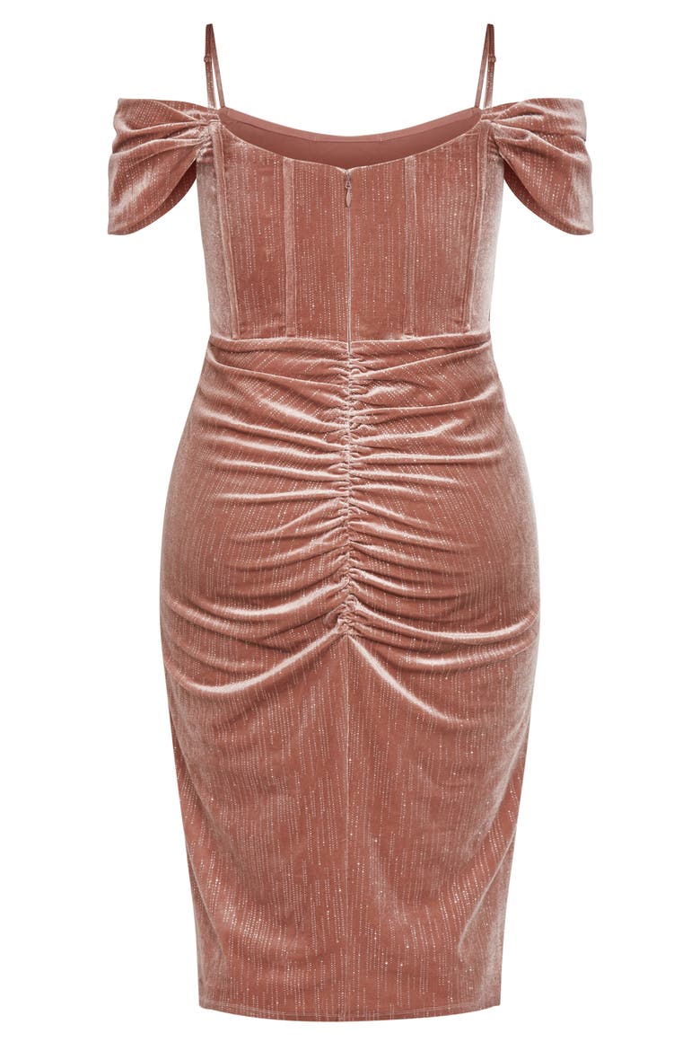 Jayla Glitter Stripe Cold Shoulder Velour Cocktail Dress, Alternate, color, ROSE