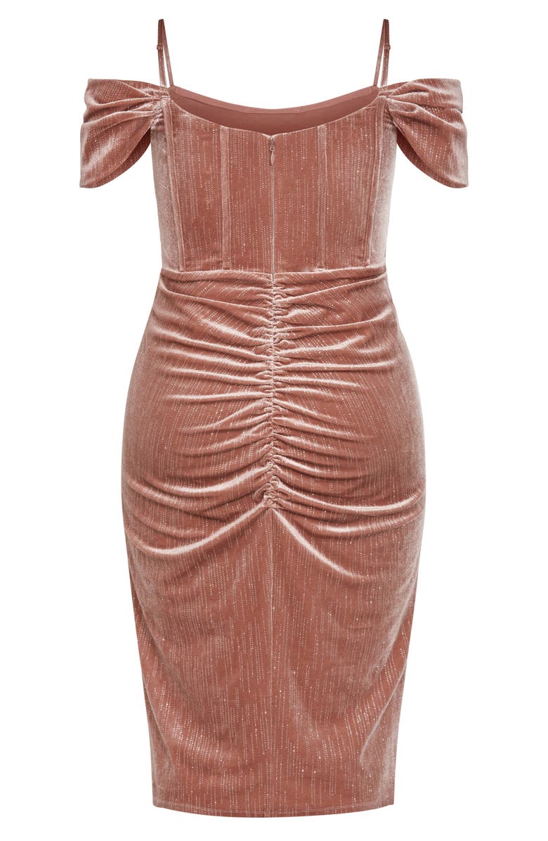 City Chic Jayla Glitter Stripe Cold Shoulder Velour Cocktail Dress, Alternate, color, Rose