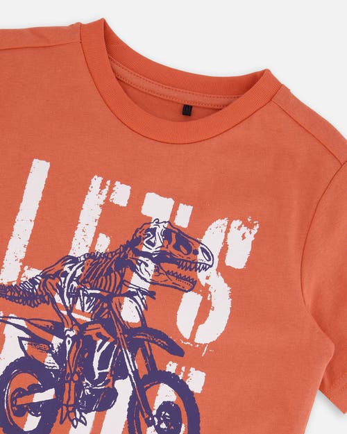 Deux Par Deux Boy's Organic Cotton Graphic Tee Orange And Navy Dino In Orange And Navy Dino