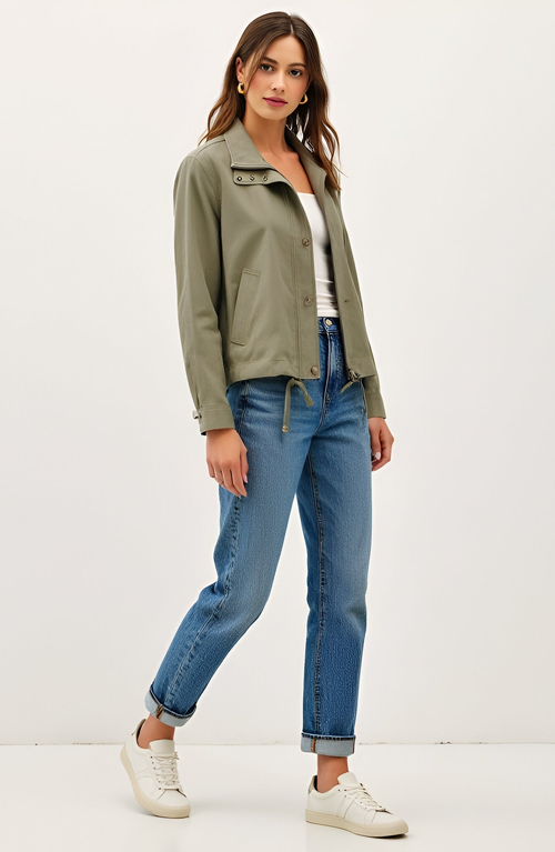Modenaire Cropped Utility Jacket With Snap Buttons And Adjustable Drawstring Hem In Green