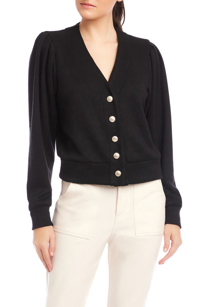 FIFTEEN TWENTY Madeline V-Neck Puff Sleeve Cardigan, Main, color, Black