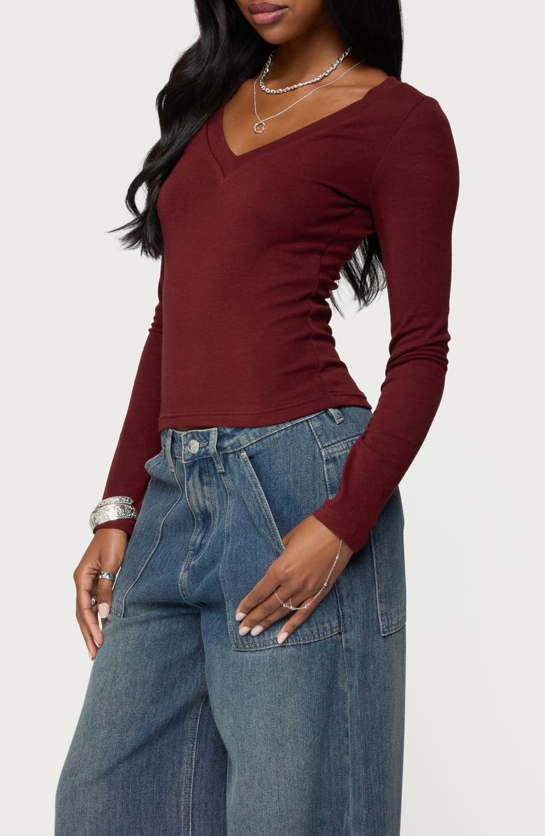 EDIKTED Larna Ribbed V-Neck Long Sleeve T-Shirt, Alternate, color, Burgundy
