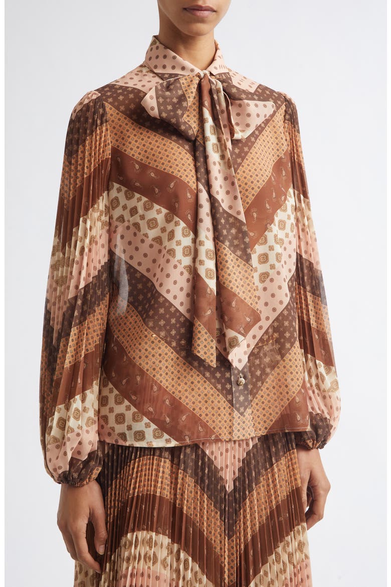 Sunray Chevron Foulard Tie Neck Shirt, Alternate, color, CHEVRON CHOCOLATE