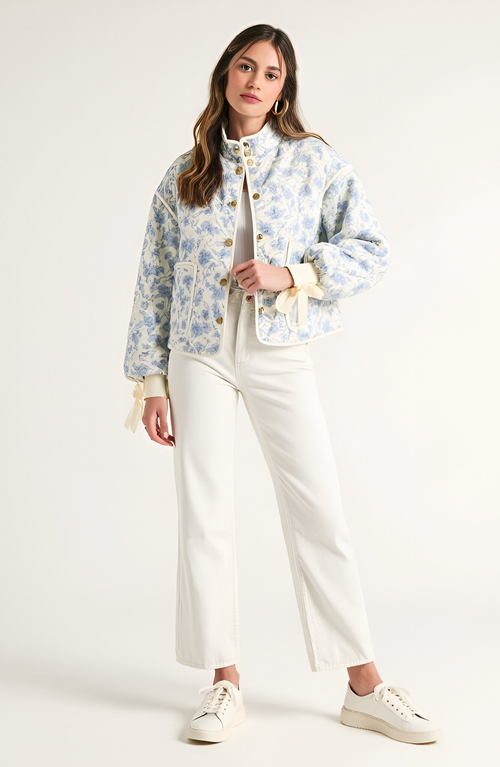 Modenaire Floral Quilted Jacket With Puff Sleeves And Satin Bow Cuffs In Blue