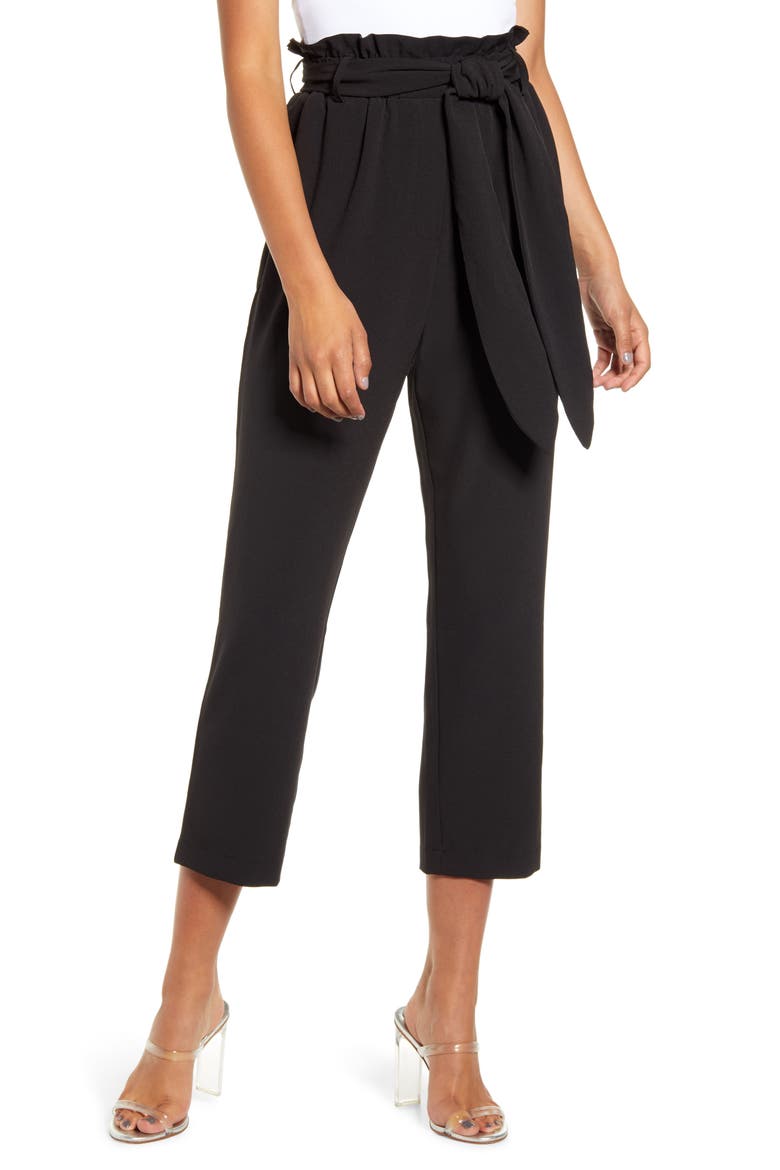 x Influencers Tie Waist Paperbag Pants, Main, color, BLACK