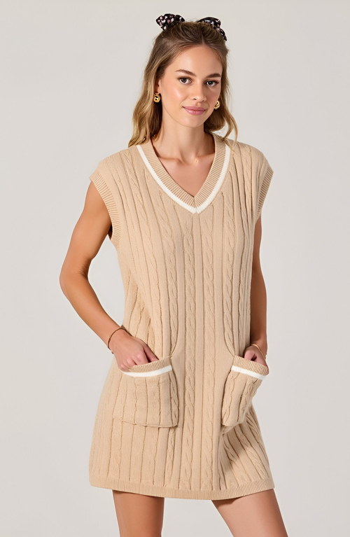Modenaire Cable-knit Mini Sweater Dress With Pockets In Brown