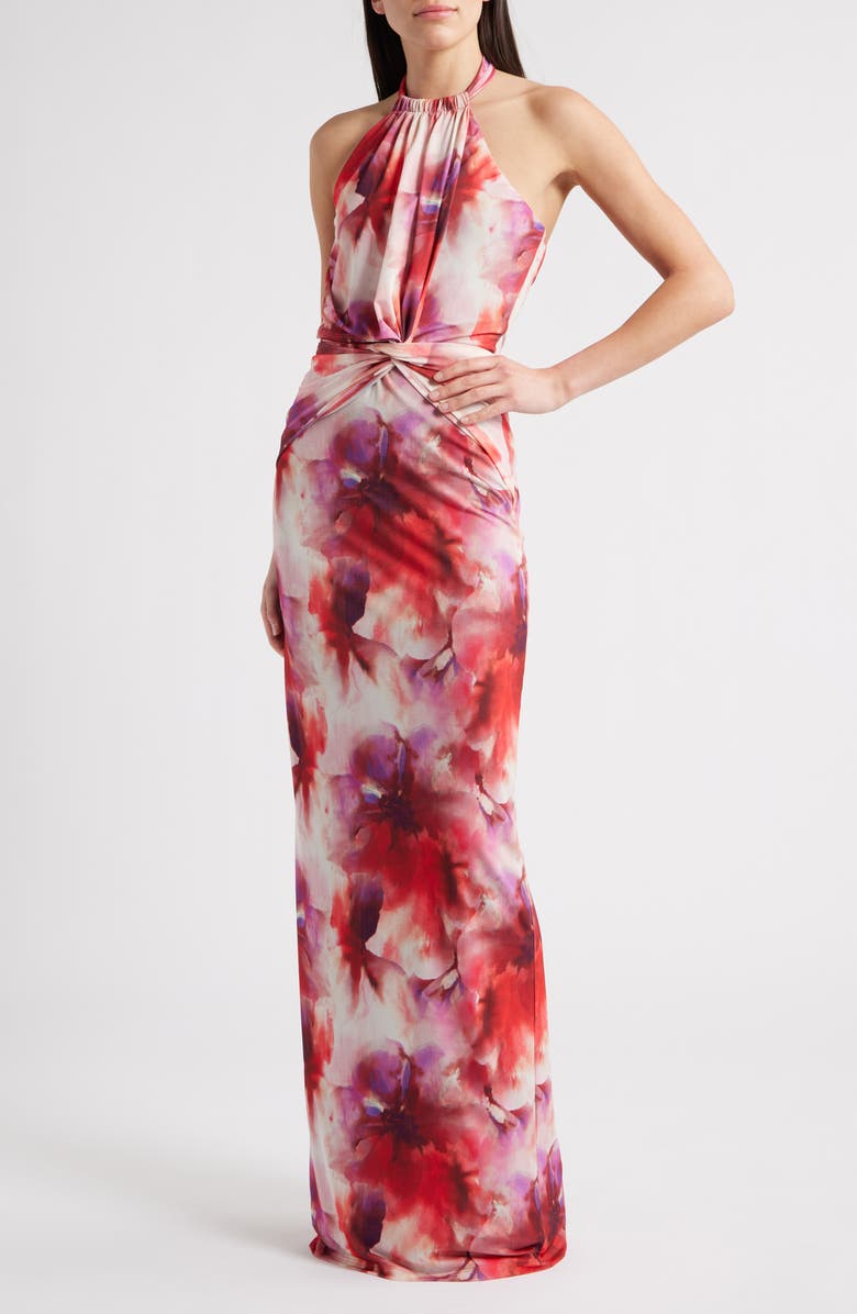 Black Halo Fina Halter Evening Gown, Main, color, Cerise Water Color