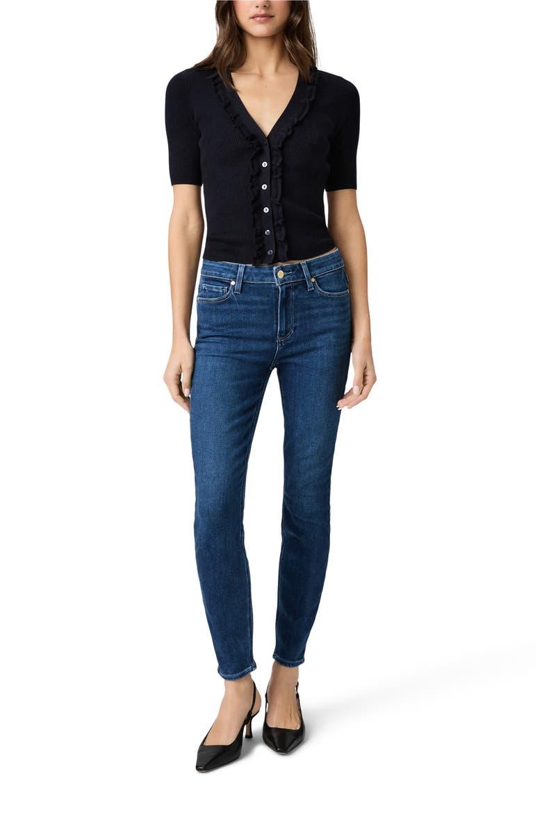 Demetra Ruffle Rib Short Sleeve Cardigan, Alternate, color, DEEP NAVY