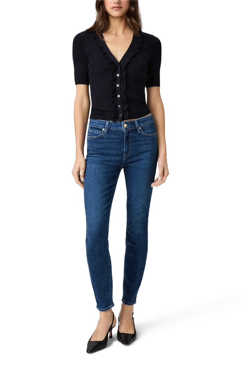 PAIGE Demetra Ruffle Rib Short Sleeve Cardigan, Alternate, color, Deep Navy