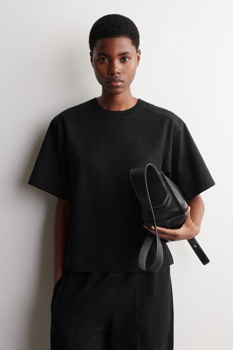 Poplin-paneled Jersey T-shirt, Main, color, BLACK