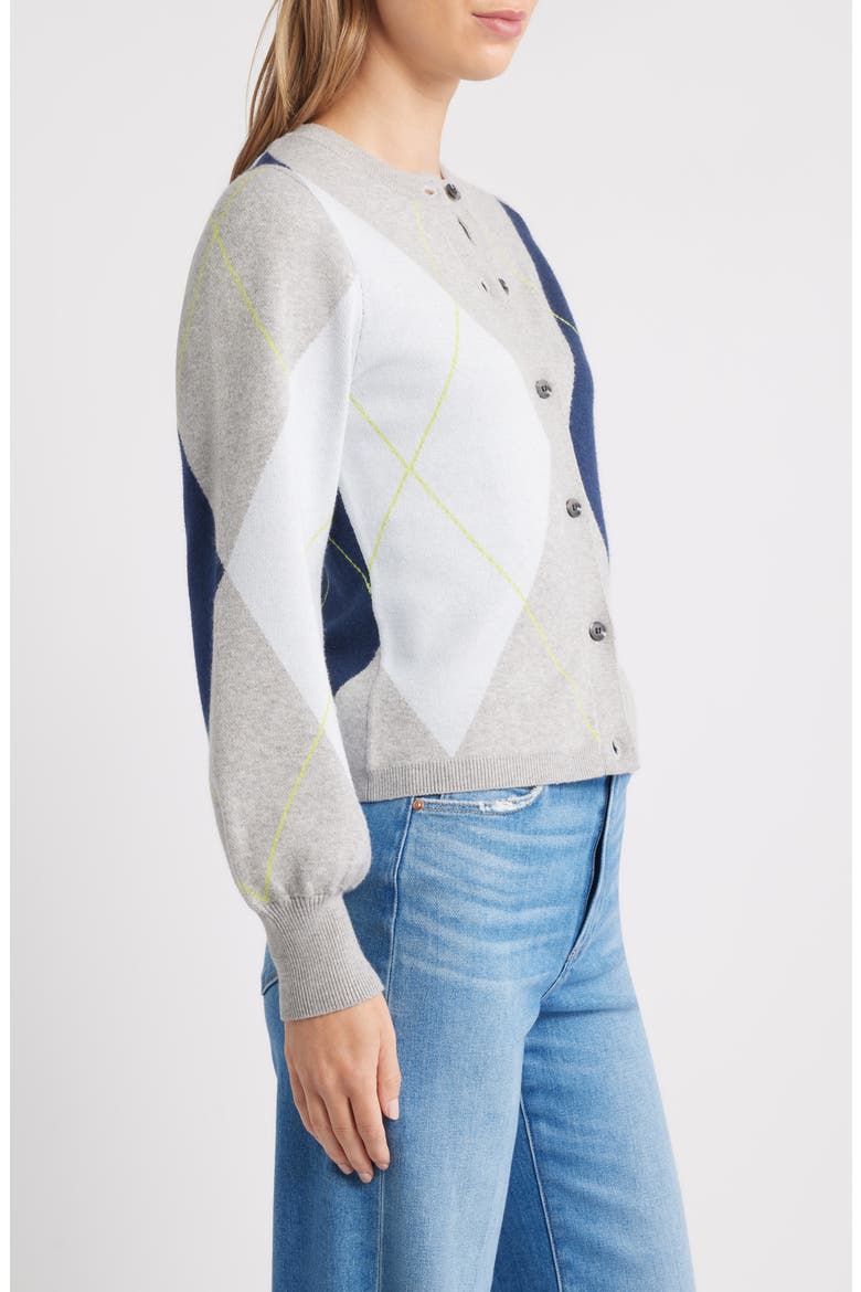 Argyle Balloon Sleeve Cardigan, Alternate, color, GREY MIST HEATHER MULTI