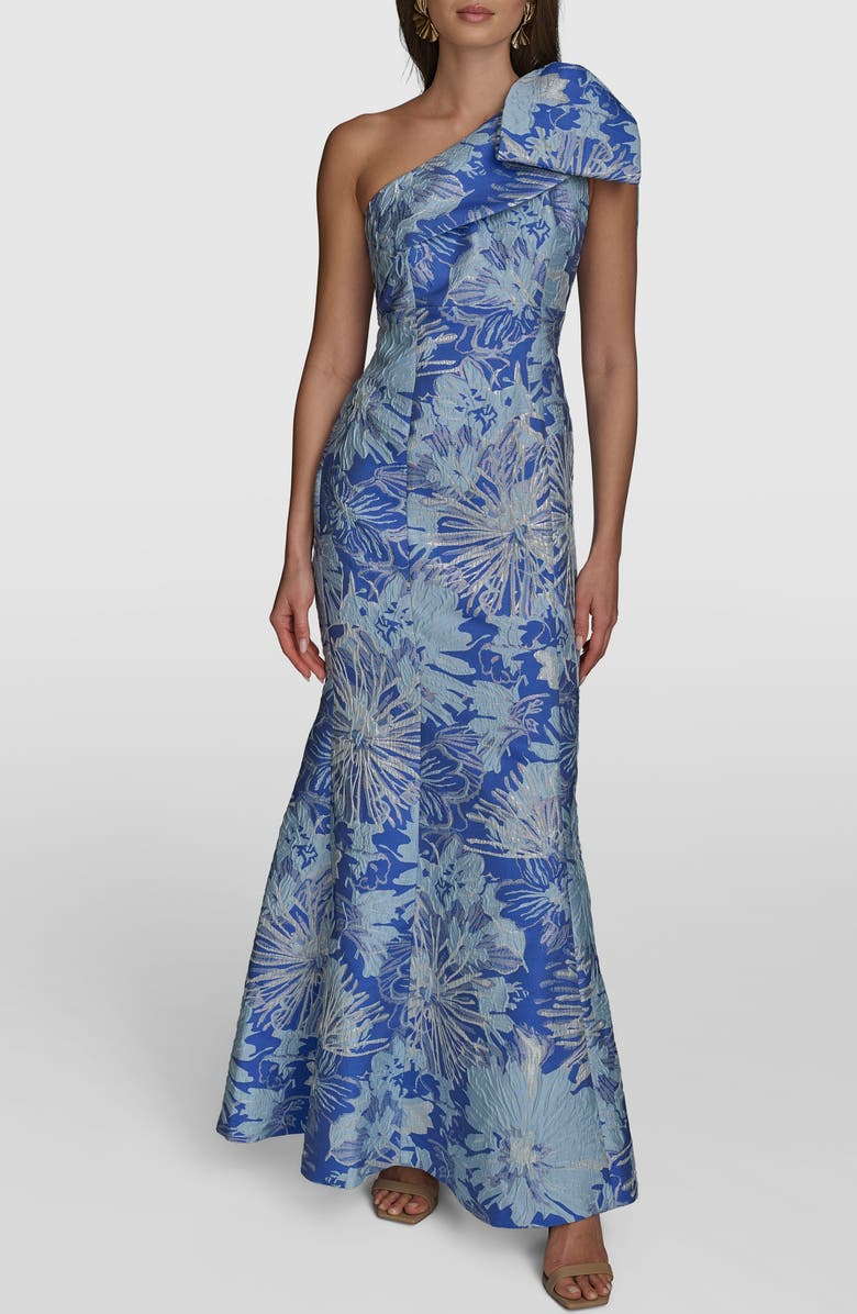Donna Karan New York Metallic One-Shoulder Jacquard Mermaid Gown, Main, color, Dazzling Blue