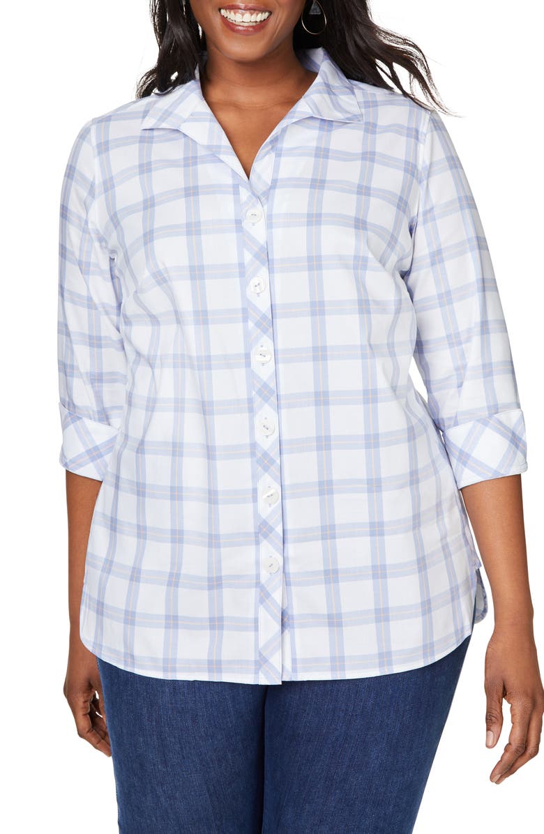 Foxcroft Pandora Plaid Cotton Twill Button-Up Top, Main, color,