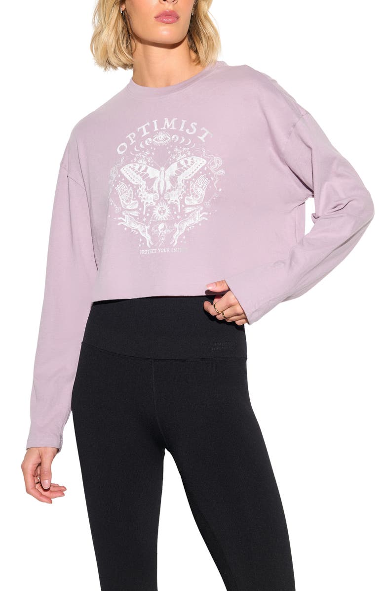 Spiritual Gangster Optimist Drew Long Sleeve Crop Cotton Graphic T-Shirt, Main, color, Orchid Moon