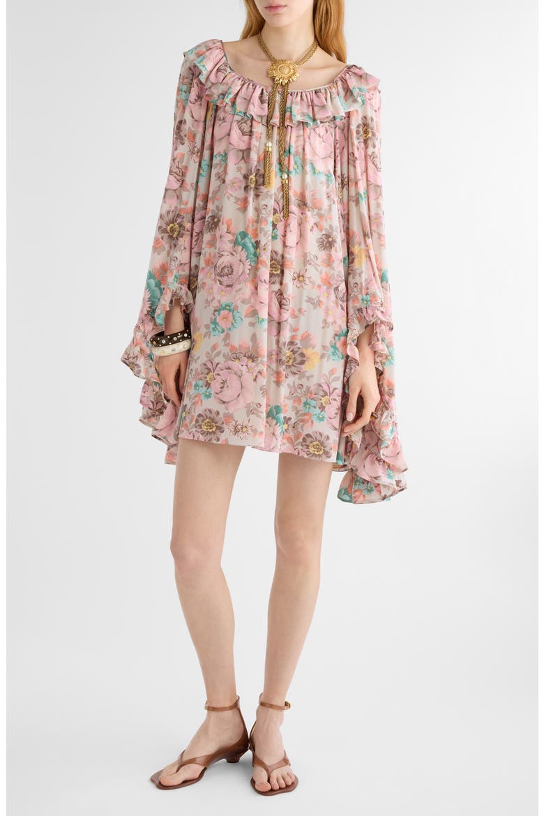 Bouquet Print Long Sleeve Silk Crêpe de Chine Minidress, Main, color, MUDDY GREY