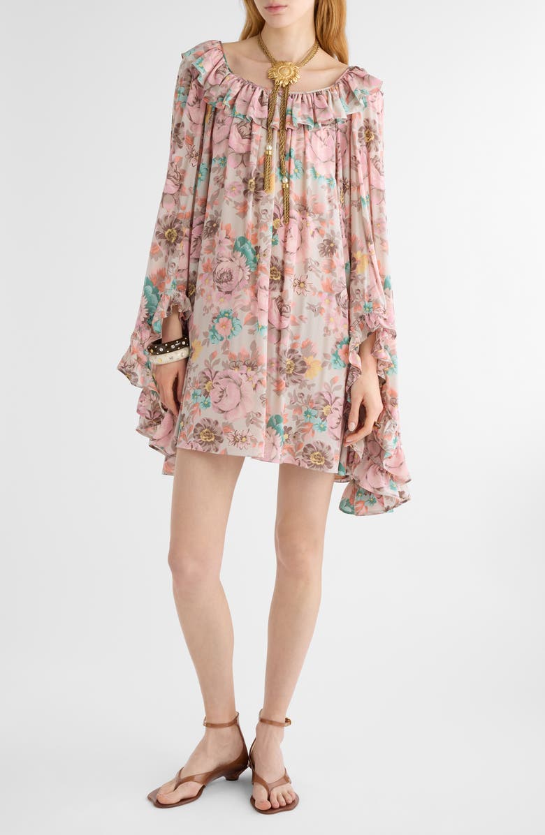 Chloé Bouquet Print Long Sleeve Silk Crêpe de Chine Minidress, Main, color, Muddy Grey