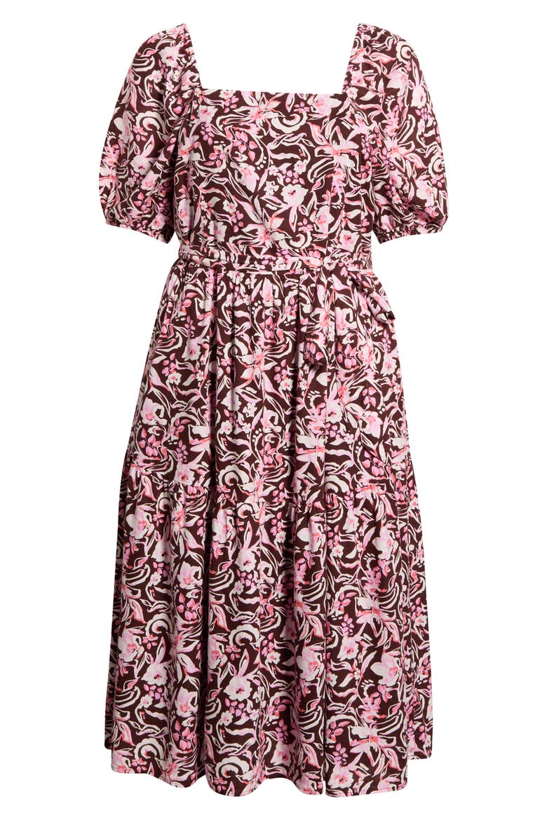 Puff Sleeve Linen Blend Midi Dress, Alternate, color, BROWN CHOCOLATE DAISY GARDEN