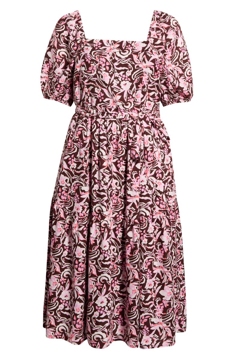 Caslon<sup>®</sup> Puff Sleeve Linen Blend Midi Dress, Alternate, color, Brown Chocolate Daisy Garden