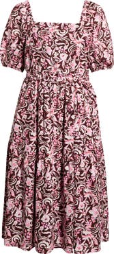 Caslon® Puff Sleeve Linen Blend Midi Dress
