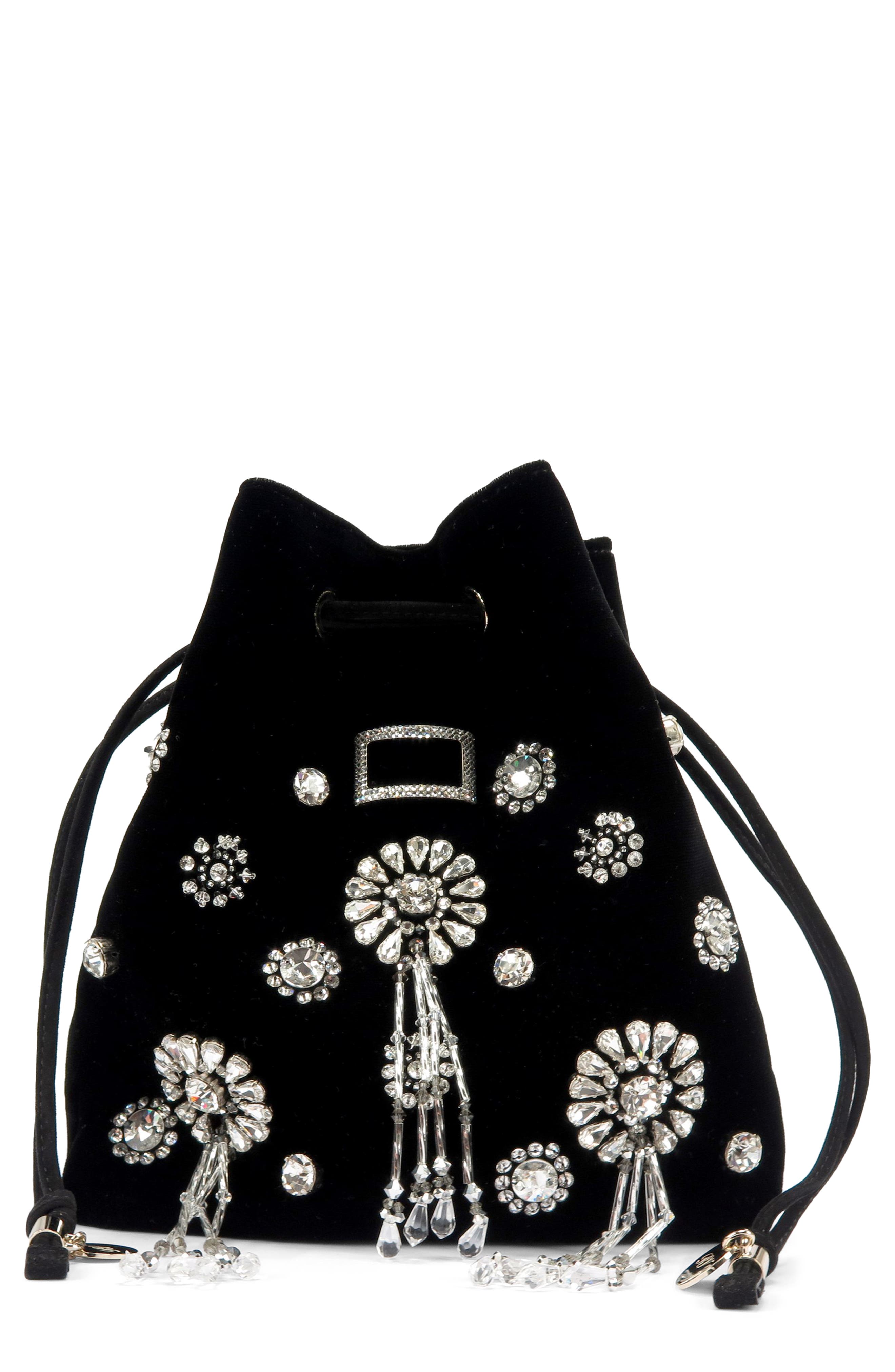 Roger Vivier Mini Viv Pocket Grande Soirée Embellished Velvet Bucket Bag, Main, color, 