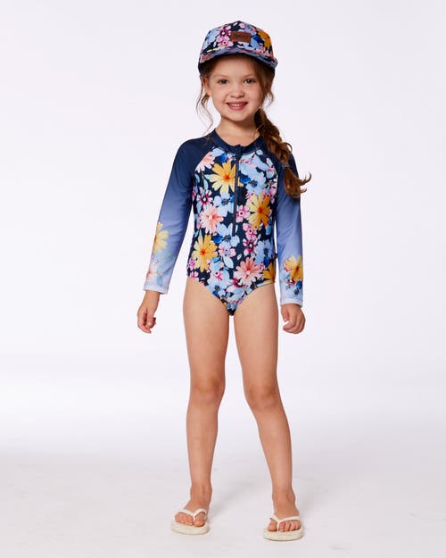 Deux Par Deux Little Girl's Printed Long Sleeve Rashguard Navy And Yellow And Pink Flowers In Navy Yellow And Pink Flowers