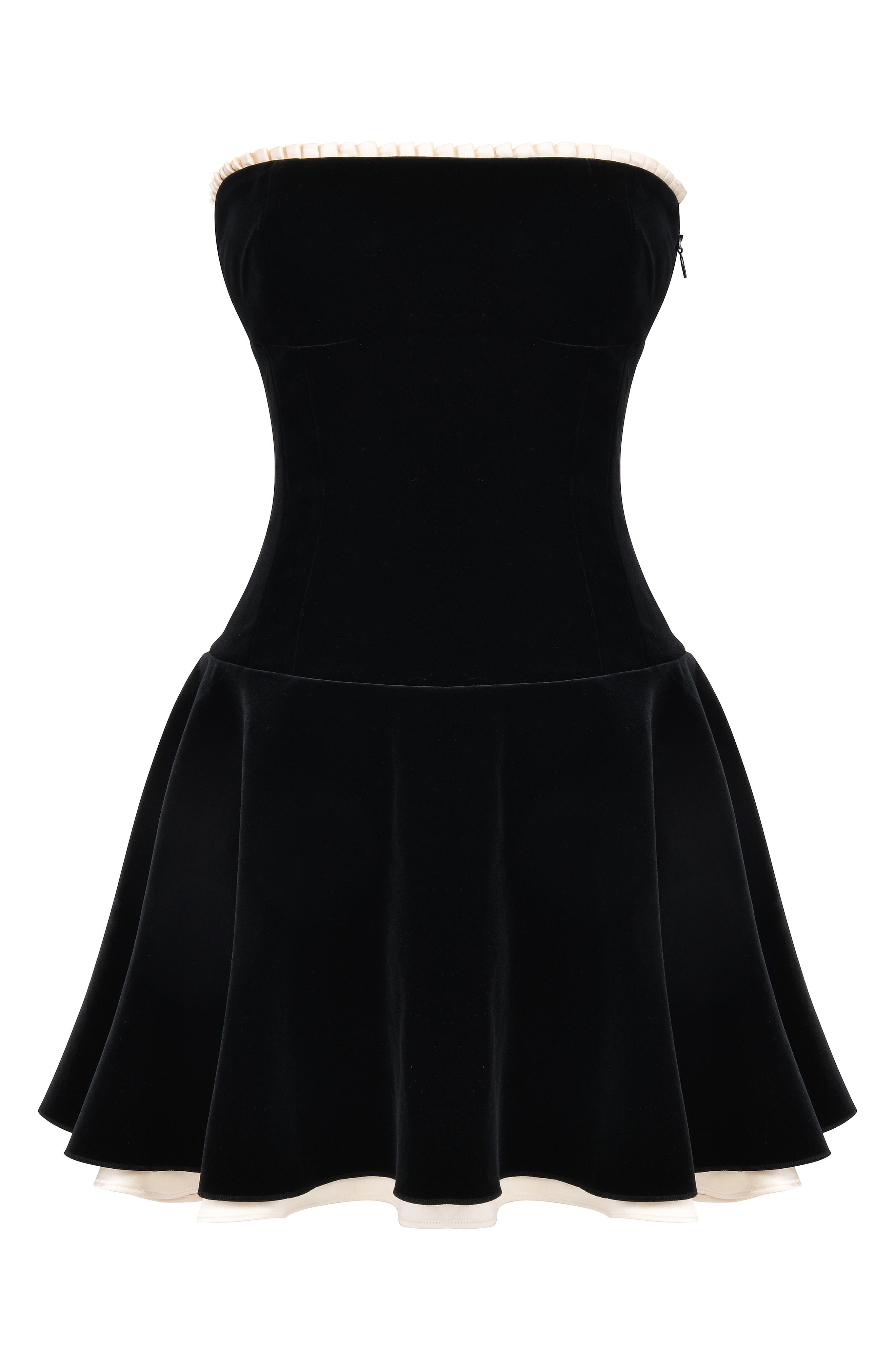 black velvet strapless mini dress HAPPY CLOTHING VELVET V-NECK PETAL STRAPLESS MINI DRESS IN Black