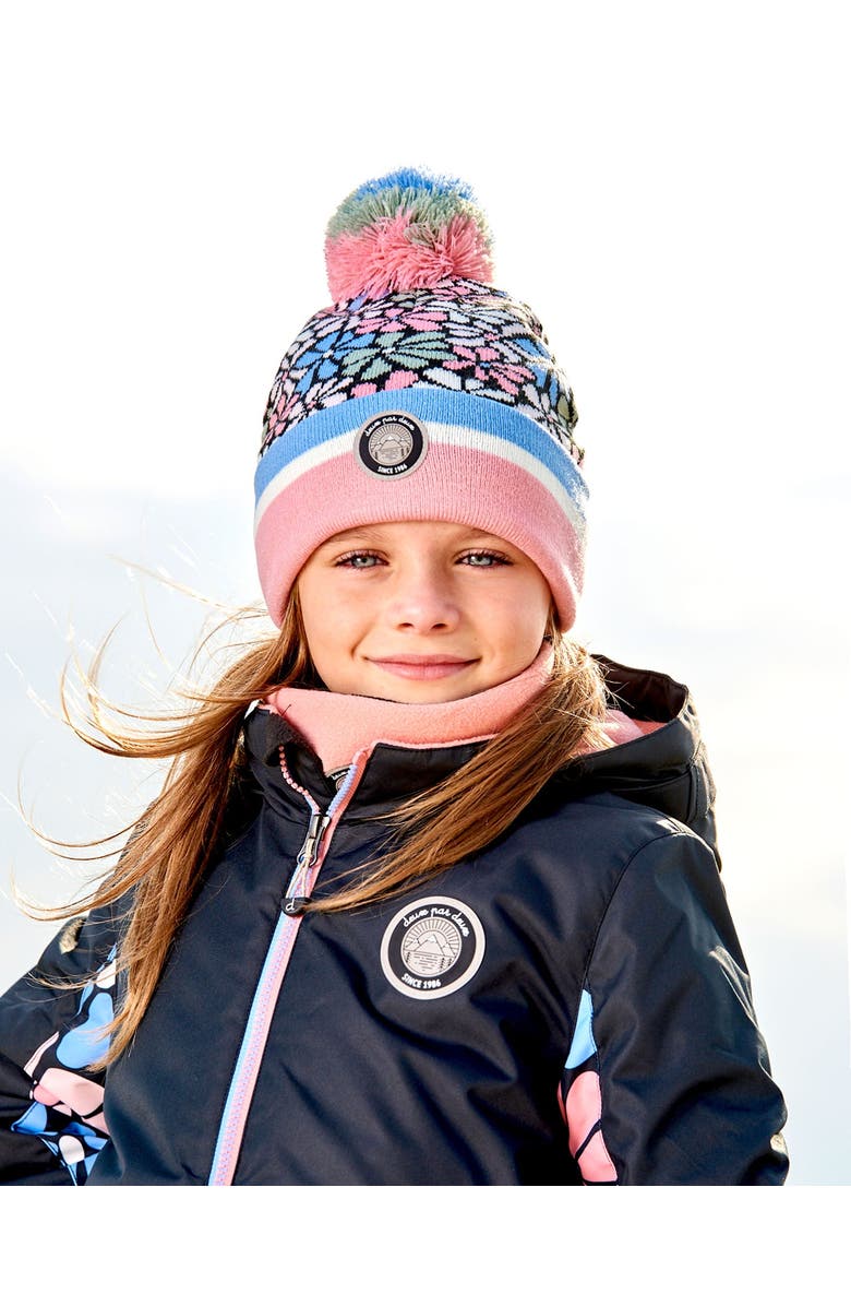 Deux par Deux Girl's Knit Hat Blue, Pink And White Retro Flowers, Alternate, color, Flowers Jacquard