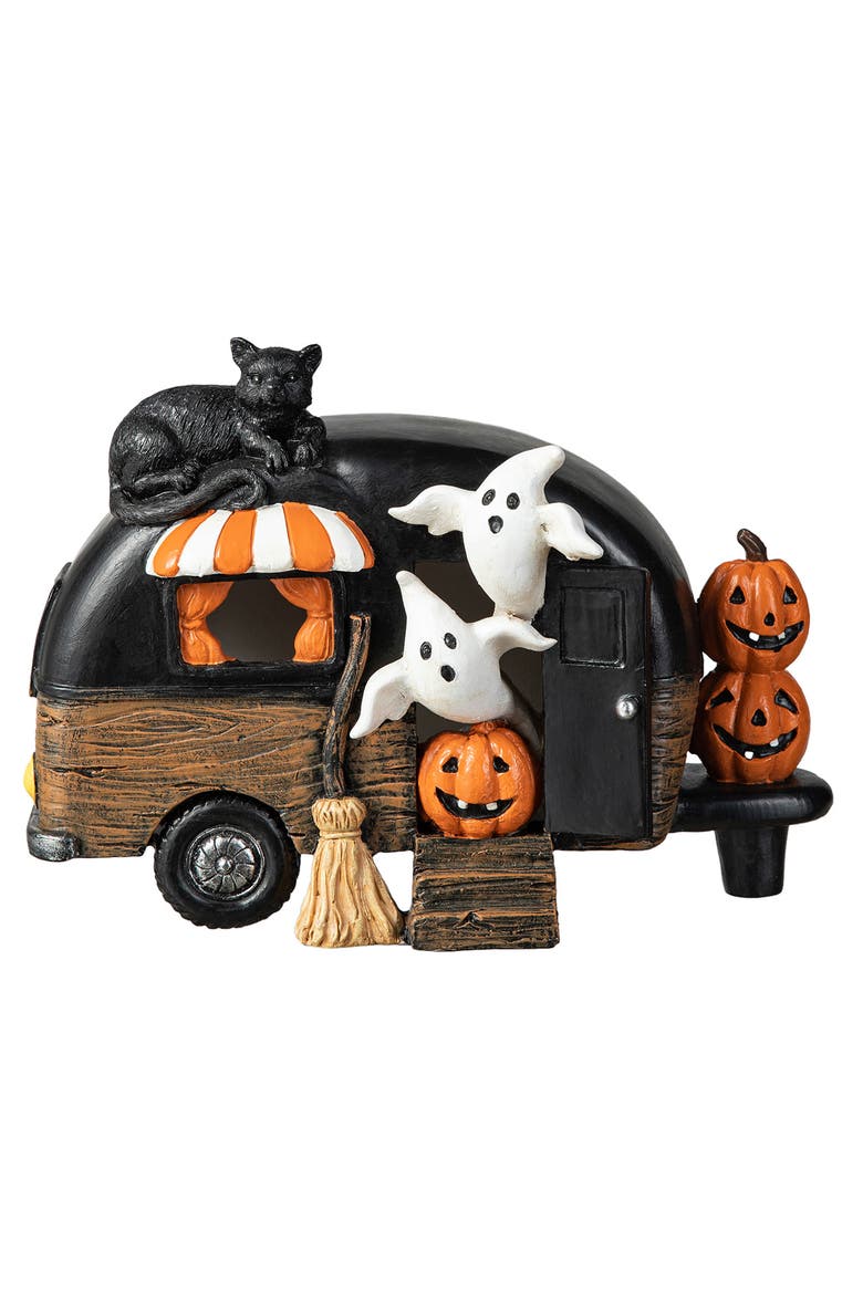 Halloween Polyresin Lighted Camper with Ghost Black Cat Table Decor, Alternate, color, Black
