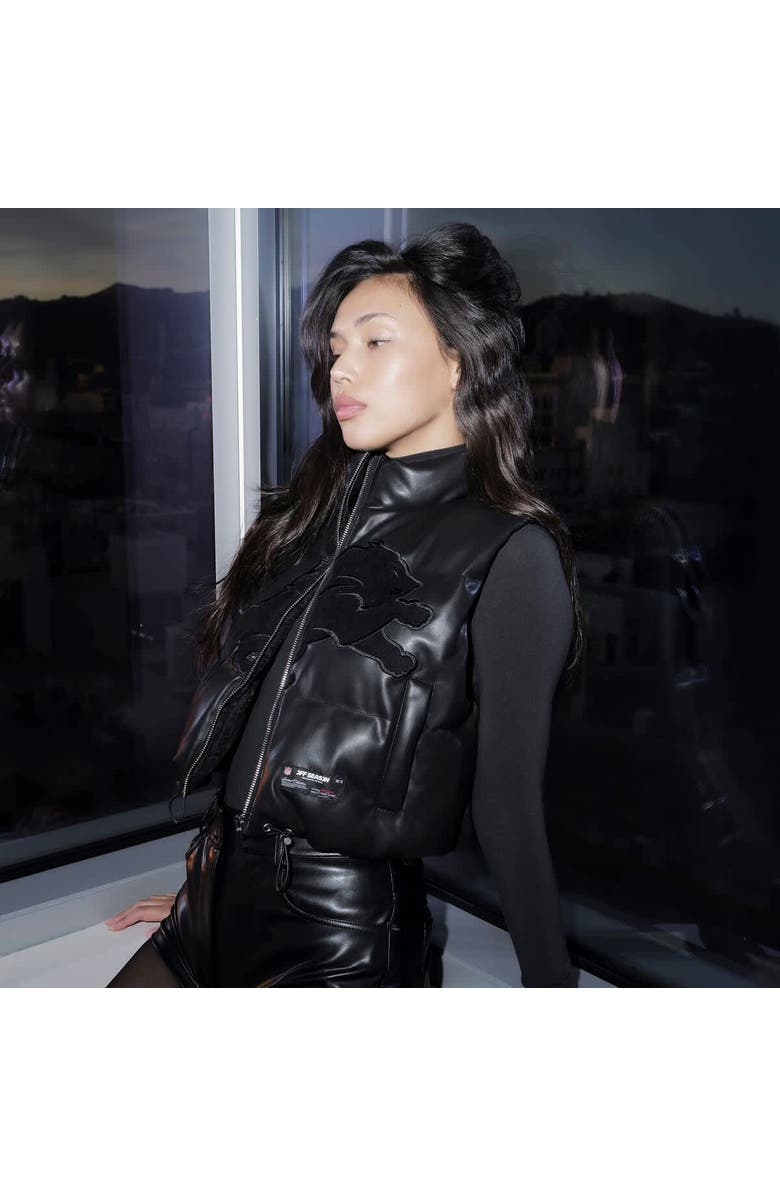 Off Season Women's  Black Detroit Lions Faux Leather Cropped Puffer Vest, Alternate, color, Black