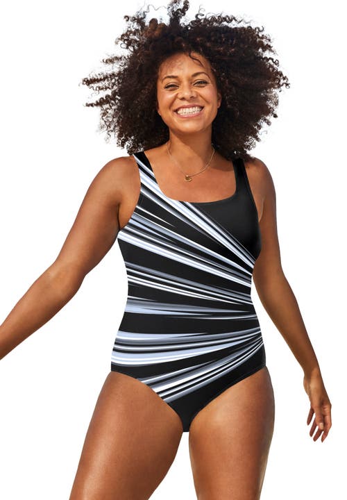 Swimsuits For All Chlorine Resistant Square Neck Tank One Piece Swimsuit In Multi