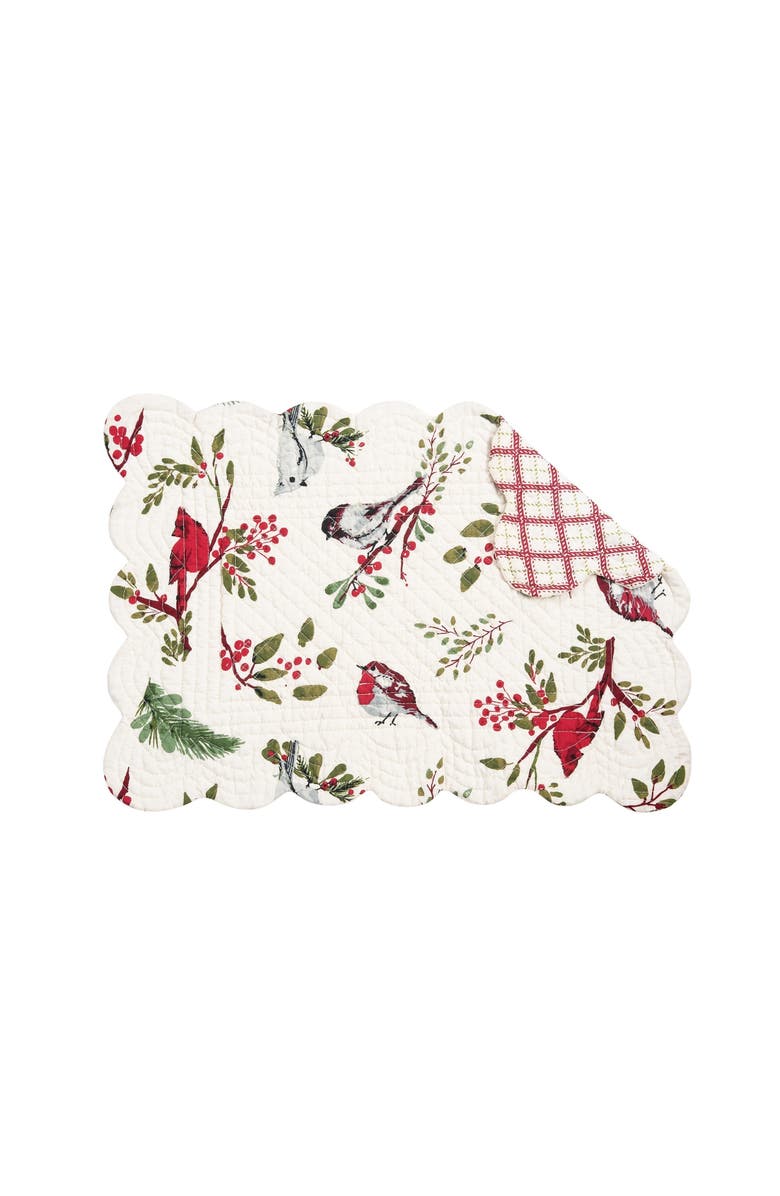 C&F Home Christmas Sprig Cardinal & Chickadee Birds Cotton Quilted Placemats, Set of 6, 13" x 19", Alternate, color, White