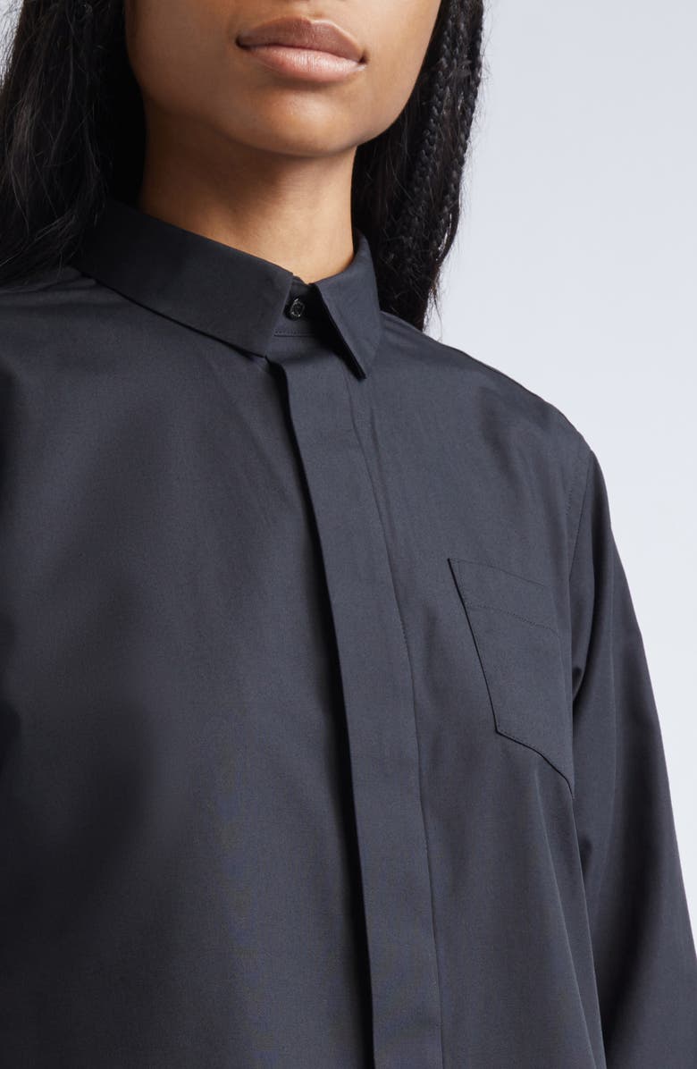 Sacai Mixed Media Poplin & Satin Button-Up Shirt, Alternate, color, Black
