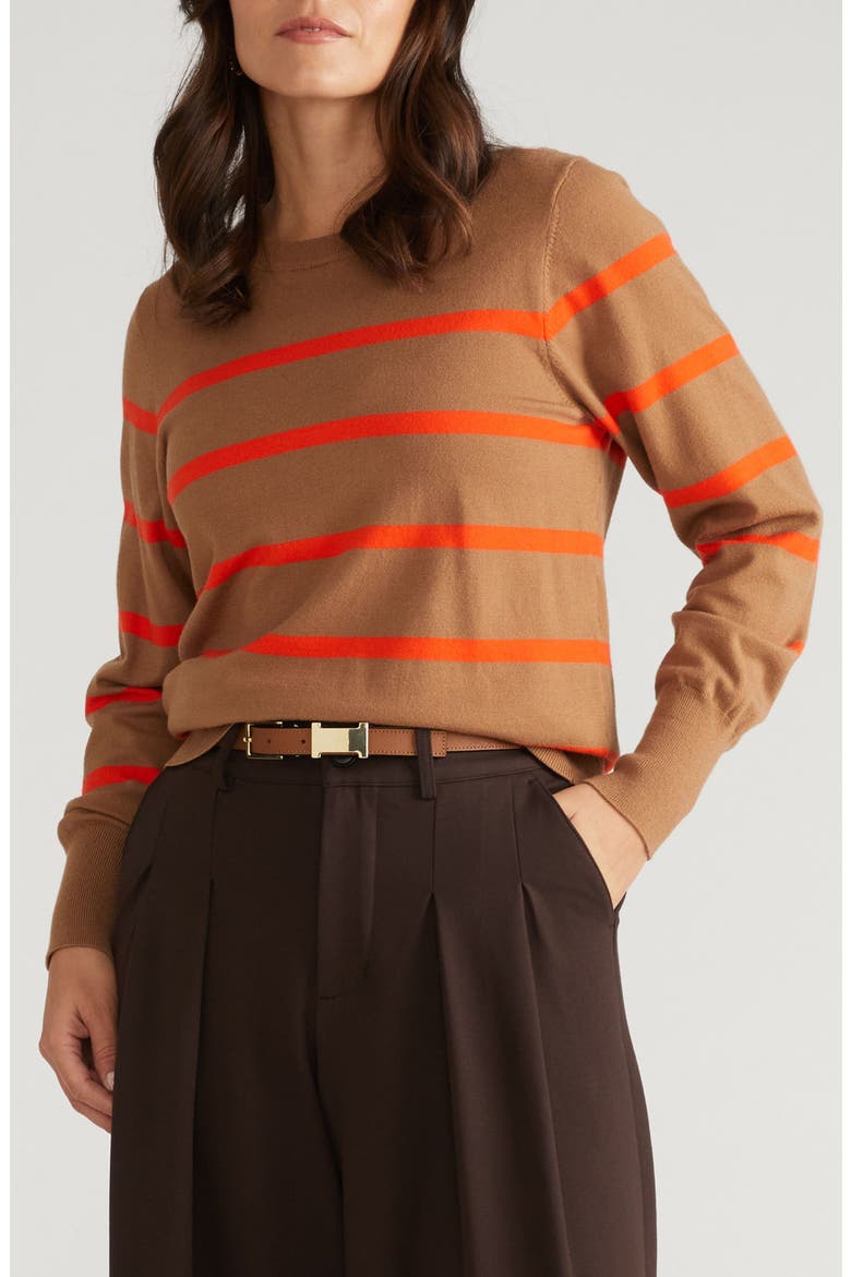 Crewneck Sweater, Main, color, CLASSIC CAMEL/ POPPY STRIPE
